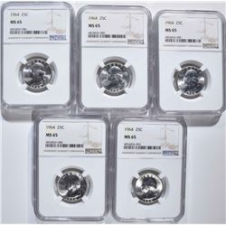 ( 5 ) 1964 WASHINGTON QTR NGC MS65