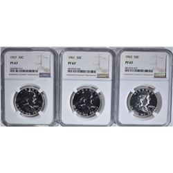 1957, 61 & 63 FRANKLIN HALF DOLLARS, NGC PF-67