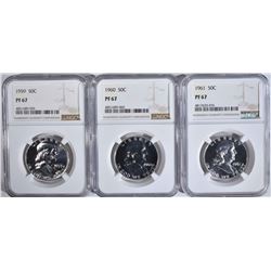 1959, 60 & 61 FRANKLIN HALF DOLLARS, NGC PF-70