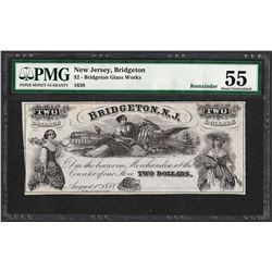1800's $2 Bridgeton Glass Works Obsolete Note PMG About Uncirculated 55