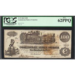 1862 $100 Confederate States of America Note T-39 PCGS New 62PPQ