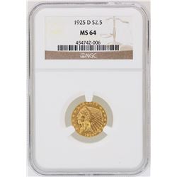 1925-D $2 1/2 Indian Head Quarter Eagle Gold Coin NGC MS64
