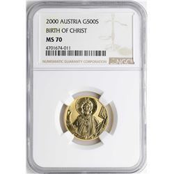 2000 Austria 500 Schillings Birth of Christ Gold Coin NGC MS70
