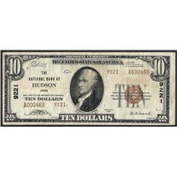 1929 $10 National Currency Note Hudson, OH CH# 9221
