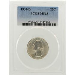 1934-D Washington Quarter Coin PCGS MS63
