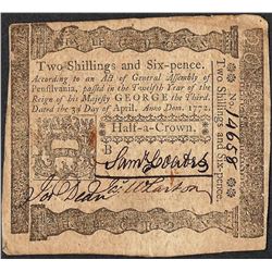 April 3, 1772 Pennsylvania Two Shillings Six Pence Colonial Currency Note