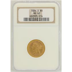 1886-S $5 Liberty Head Half Eagle Gold Coin NGC MS62