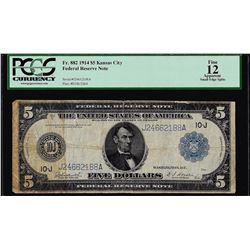 1914 $5 Federal Reserve Note Kansas City Fr.882 PCGS Fine 12 Apparent