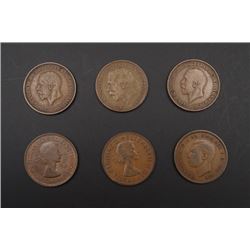 Six British Penny Coins.