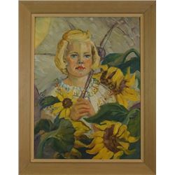 A.Warren Oil Painting «Girl in the sunflower field».