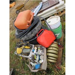 TIRES, GAS CANS, WEIGHTS, TROUBLE LIGHT, ETC