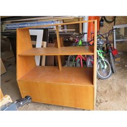 OAK SHELF ON CASTERS 53HX26DX50W, 3 SHELVES, 3 DOORS AT BACK