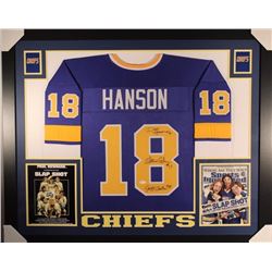 Dave Hanson, Steve Carlson & Jeff Carlson Signed Signed 35x43 Custom Framed Jersey Display (JSA COA)