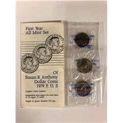FIRST YEAR ALL MINT SET OF SUSAN B. ANTHONY DOLLAR COINS 1979 P, D, S