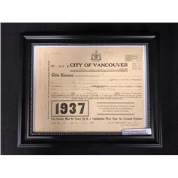 1937 CITY OF VANCOUVER BUSINESS LICENSE (FRAMED)