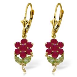 Genuine 2.12 ctw Peridot & Ruby Earrings Jewelry 14KT Yellow Gold - REF-49K3V