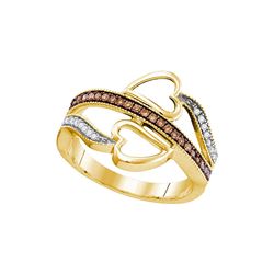 0.20 CTW Cognac-brown Color Diamond Heart Crossover Ring 10KT Yellow Gold - REF-22N4F