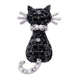 0.33 CTW Black Color Diamond Kitty Cat Animal Pendant 10KT White Gold - REF-13H4M