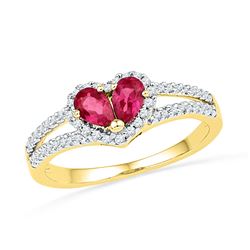 0.72 CTW Pear Created Ruby Heart Split-shank Ring 10KT Yellow Gold - REF-19N4F