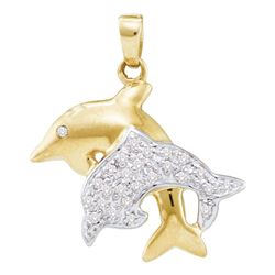 0.13 CTW Diamond Double Dolphin Fish Animal Pendant 10KT Yellow Gold - REF-18K2W