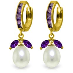 Genuine 10.30 ctw Amethyst & Pearl Earrings Jewelry 14KT Yellow Gold - REF-56M7T
