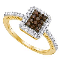 0.45 CTW Cognac-brown Color Diamond Rectangle Cluster Ring 10KT Yellow Gold - REF-25Y4X