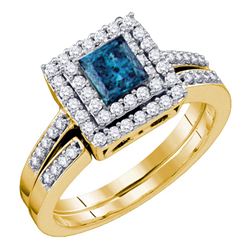 0.85 CTW Princess Blue Color Diamond Square Halo Bridal Ring 14KT Yellow Gold - REF-89M9H