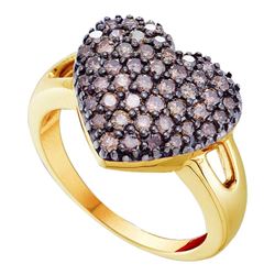 1 CTW Cognac-brown Color Diamond Heart Cluster Ring 14KT Yellow Gold - REF-59Y9X