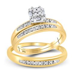 0.10 CTW His & Hers Diamond Cluster Matching Bridal Ring 10KT Yellow Gold - REF-26X9Y