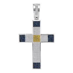1.78 CTW Mens Blue & Yellow Color Diamond Roman Cross Charm Pendant 10KT White Gold - REF-104F9N