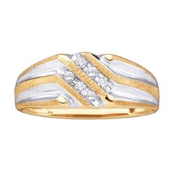 0.14 CTW Mens Diamond Double Row Two-tone Ridged Wedding Ring 10KT Yellow Gold - REF-19H4M