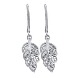 0.06 CTW Diamond Dangle Leaf Leaves Wire Earrings 10KT White Gold - REF-18N2F