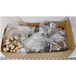 BOX OF NEW HINGES AND DOOR KNOBS