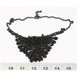 ART DECO BLACK BEAD BIB METAL MESH NECKLACE