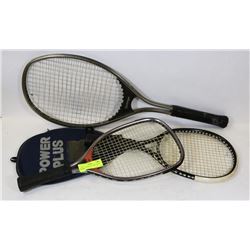 LOT OF 3 RACQUETS, SQUASH ETC