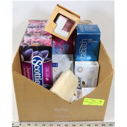 FLAT OF ASSORTED SOAPS, BATH GEL AND KLEENEX