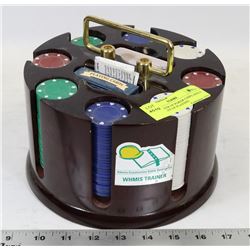 CONTAINER OF POKER CHIPS AND 2 PACKAGES OF PLAYING