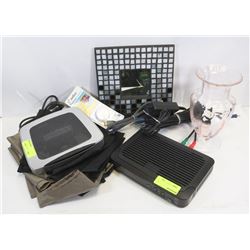 BOX OF ASSORTED ELECTRONICS, CURTAINS, AND MORE