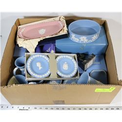 LARGE FLAT OF WEDGEWOOD BLUE DISHES INCL CLOCKS,