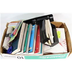 FLAT OF NEW OFFICE/SCHOOL SUPPLIES INCL NOTEBOOKS,