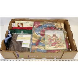 BOX WITH NEW BLANKET AND HOME LINENS INCL CURTAINS