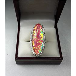 10)  PINK FIRE OPAL RING SET IN SILVER TONE