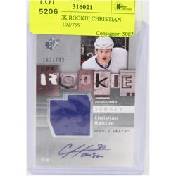 UPPERDECK ROOKIE CHRISTIAN HANSON , 102/799