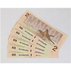 FIVE 1986 SEQUENTIAL UNCIRCULATED CANADIAN $2