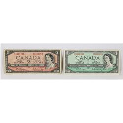 1954 CANADIAN $2 AND $1 BANK NOTES