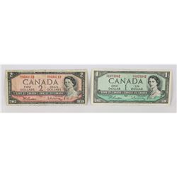 1954 CANADIAN $2 AND $1 BANK NOTES