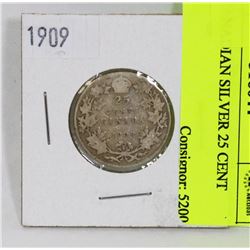 1909 CANADIAN SILVER 25 CENT COIN