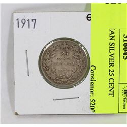 1917 CANADIAN SILVER 25 CENT COIN