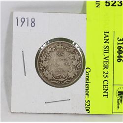 1918 CANADIAN SILVER 25 CENT COIN