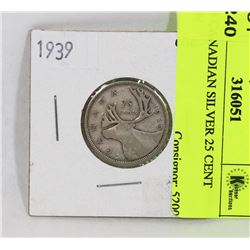1939 CANADIAN SILVER 25 CENT COIN